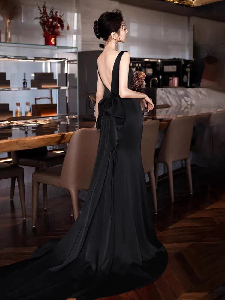 Bailebelle Fashion New banquet evening dress simple sleeveless satin host concert performance fashion long black and Red image 4