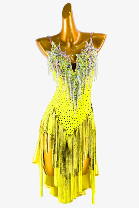 Yellow Lustre Lycra Backless Latin Dress with Stone Fringes and White Beaded Fringes image 0