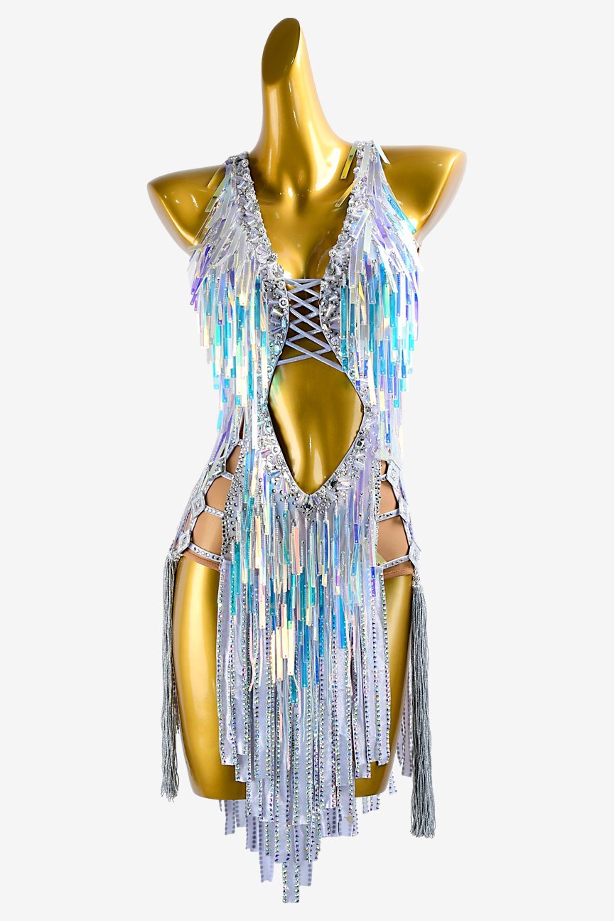 Silver metallic lycra Latin Dress with sequins, tassels, crystals & sew-on stones image 0