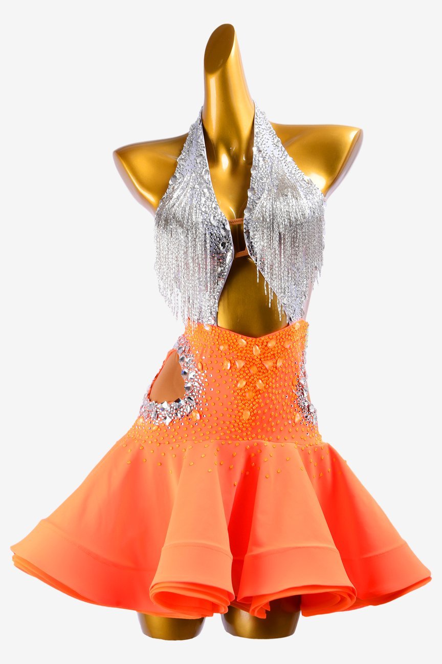 Silver dot shine lycra Latin dress with orangered ruffle fishbone underskirt, beaded fringes and crystals image 0
