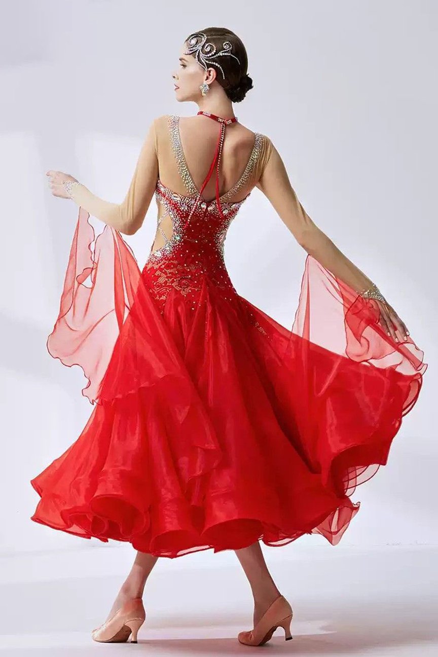 Bailebelle Fashion new national standard modern dance costumes show dress ballroom dance waltz Red image 1