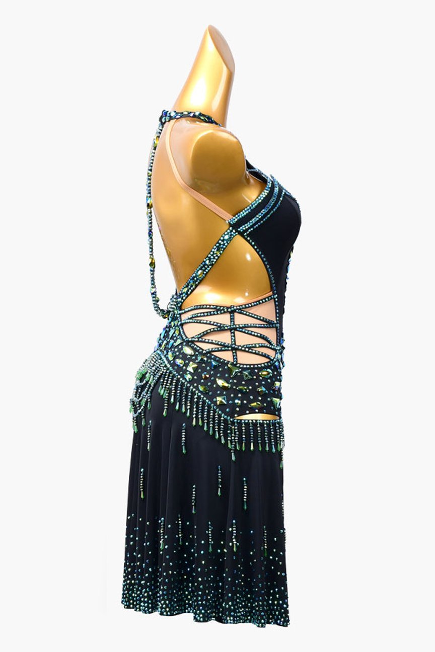 Black stretch crepe draping Latin dress with sea green AB stones & beadings image 1