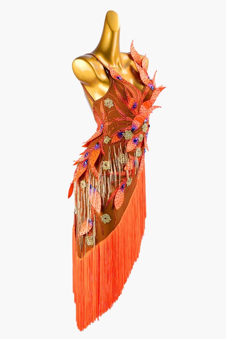 Sun oranger Latin dress with rhinestone appliques, beaded fringes, fringes & crystals image 1