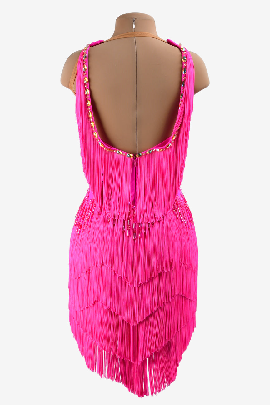 Phosphor powder lycra Latin dress with beadings, fringes, crystals & sew-on stones