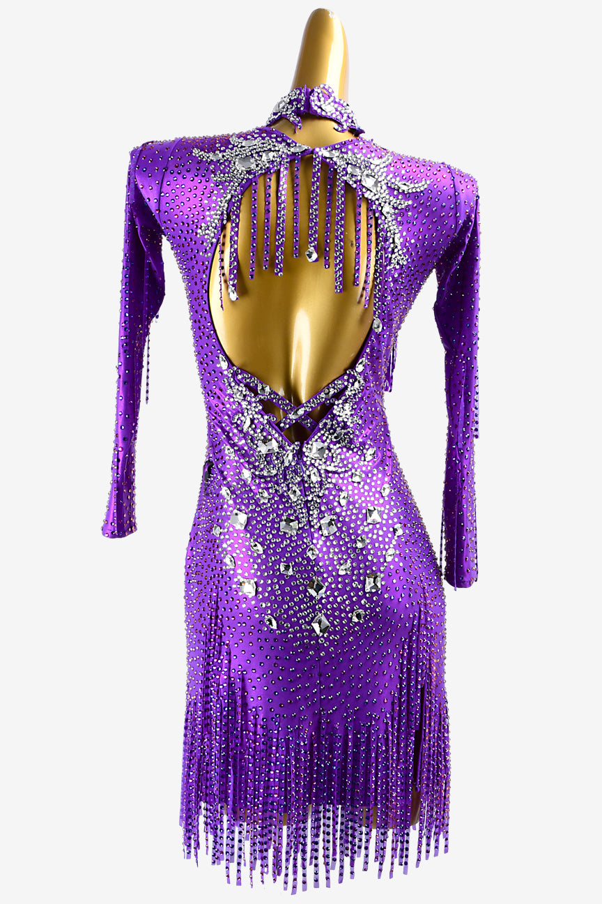 Blue violet metallic lycra Latin dress with stone fringes, lace appliqués, white crystals & sew-on stones image 0