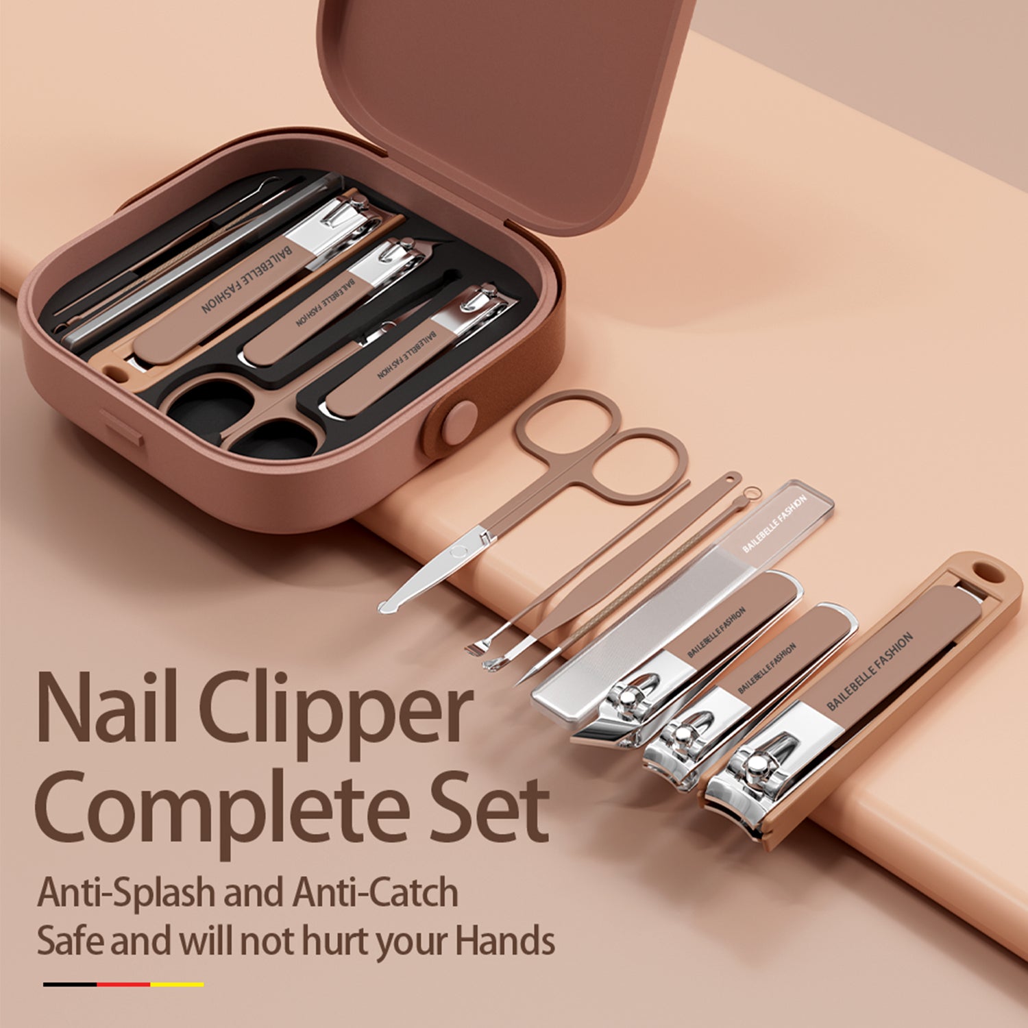Bailebelle Fashion Nail Clippers and Beauty Tool Portable Set | Stainless Steel Manicure Set 8 in 1 | Nail Cutter Set | Brown Nail Clippers