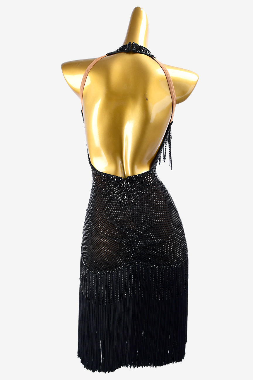 Black mesh Latin dress with crystal fishnet underskirt, beaded fringes, rhinestones & fringes