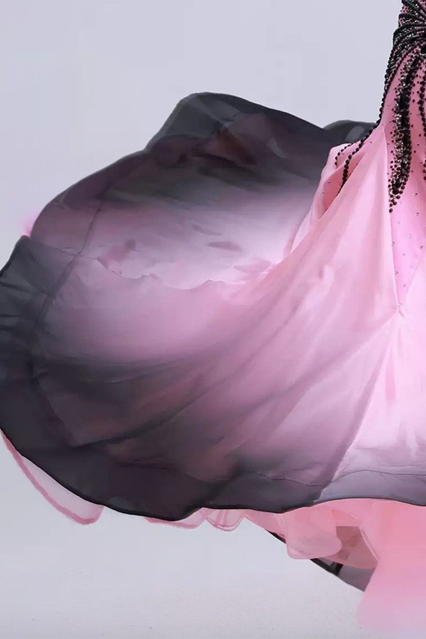Bailebelle Fashion rhyme dance gradient color pearl silk national standard modern dance competition suit big swing performance suit custom ballroom dance skirt Black, Pink image 3
