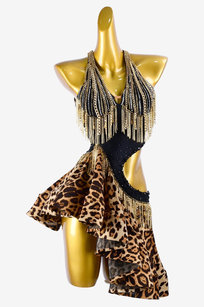 Leopard print Latin dress with gold beaded fringes, chains, black rhinestone & sew-on stones image 0