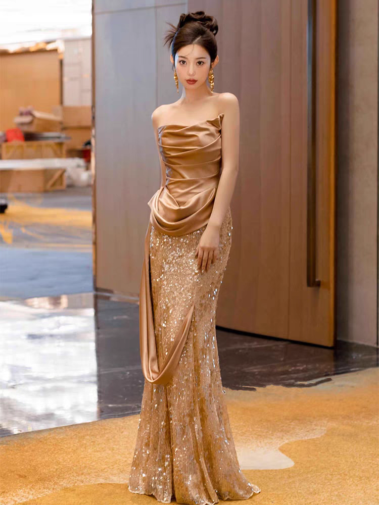 Bailebelle Fashion Gold Bridesmaid Dresses Off The Shoulder Sequins Floor Length Backless | Elegant Party Evening Prom Gown Mermaid Strapless Sequin Prom Gold image 5