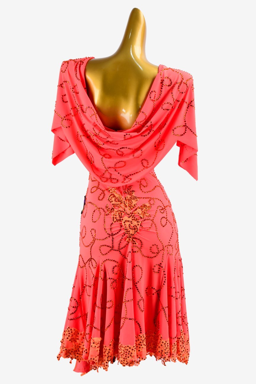 Orange Red Lustre Lycra Latin Dress with Ruching, Draping, Coral Rhinestone Lines, and Lace image 1