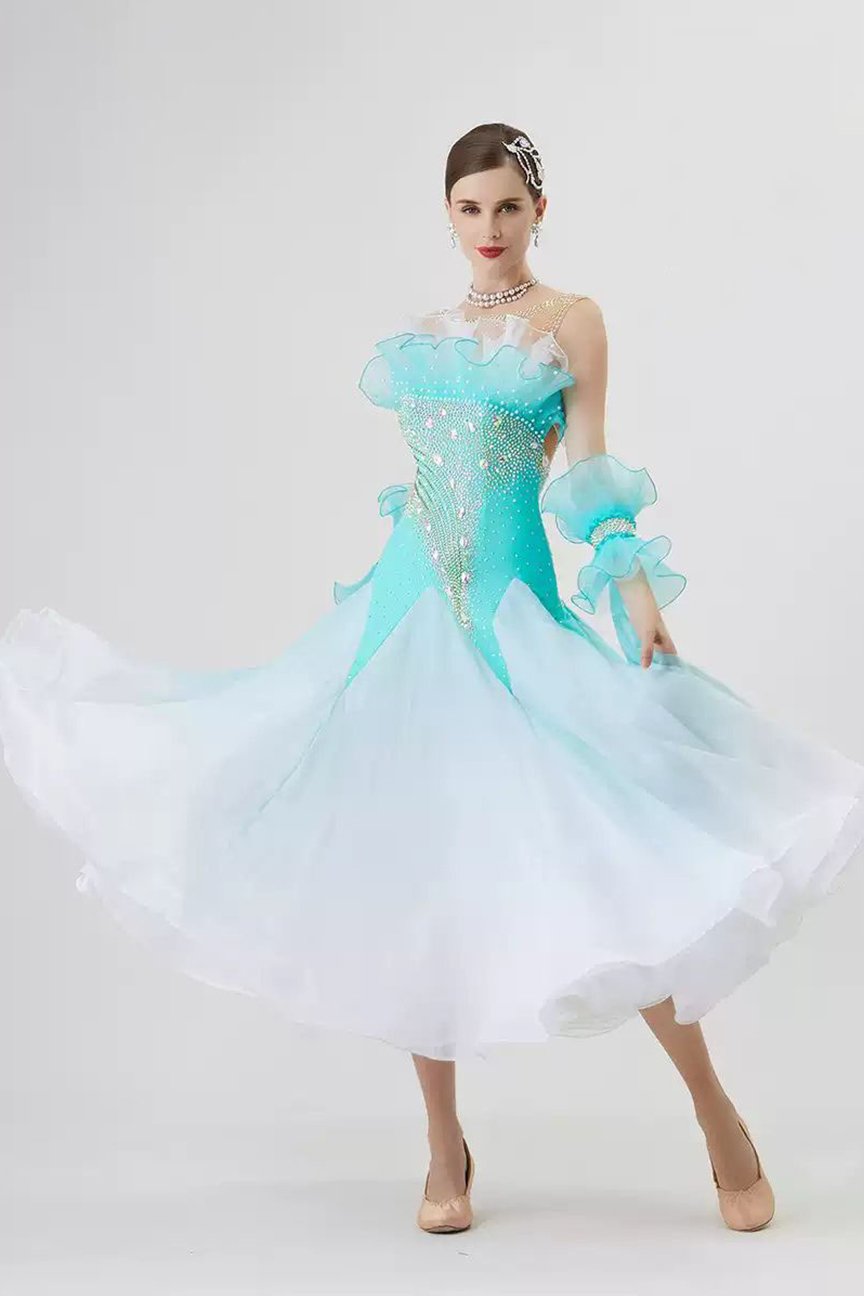 Bailebelle Fashion tailor-made new national standard modern dance performance competition uniform high-end swing dress gradient color Light Blue image 0