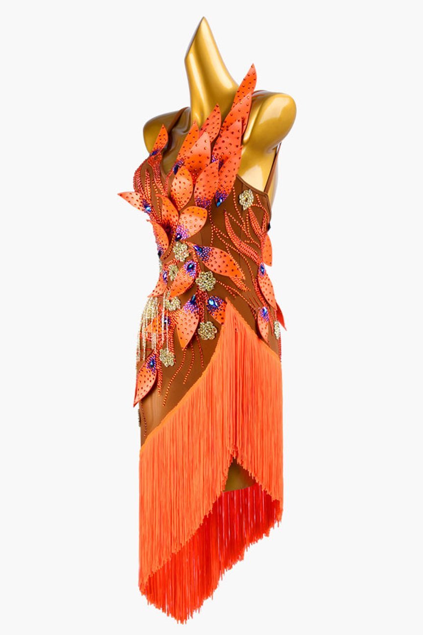 Sun oranger Latin dress with rhinestone appliques, beaded fringes, fringes & crystals image 2