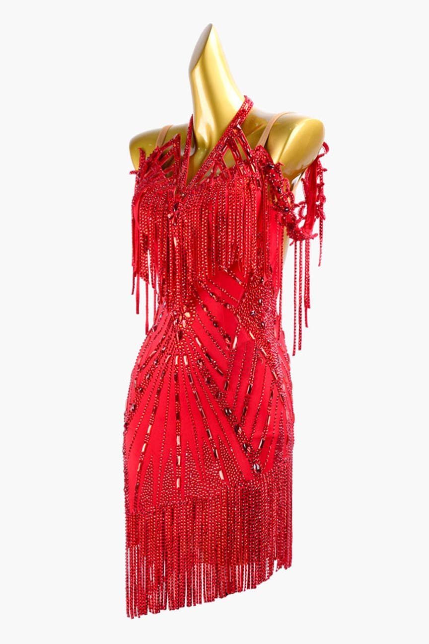 Crimson Matte Lycra Latin Dress with Stone Fringes, Lace Appliqués, Sew-On Stones, and Crystals image 2