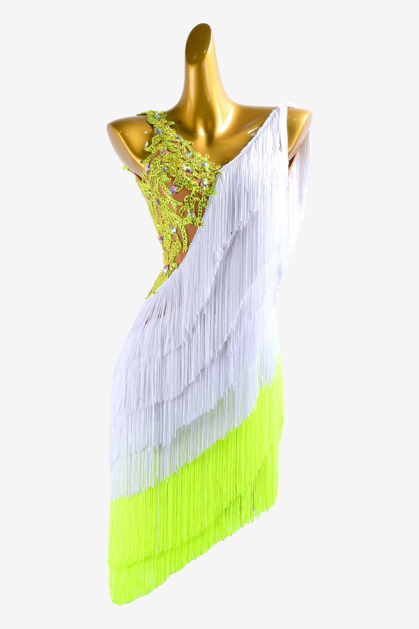 White and yellow Latin dress with fringes, lace appliqués and rhinestone AB image 0