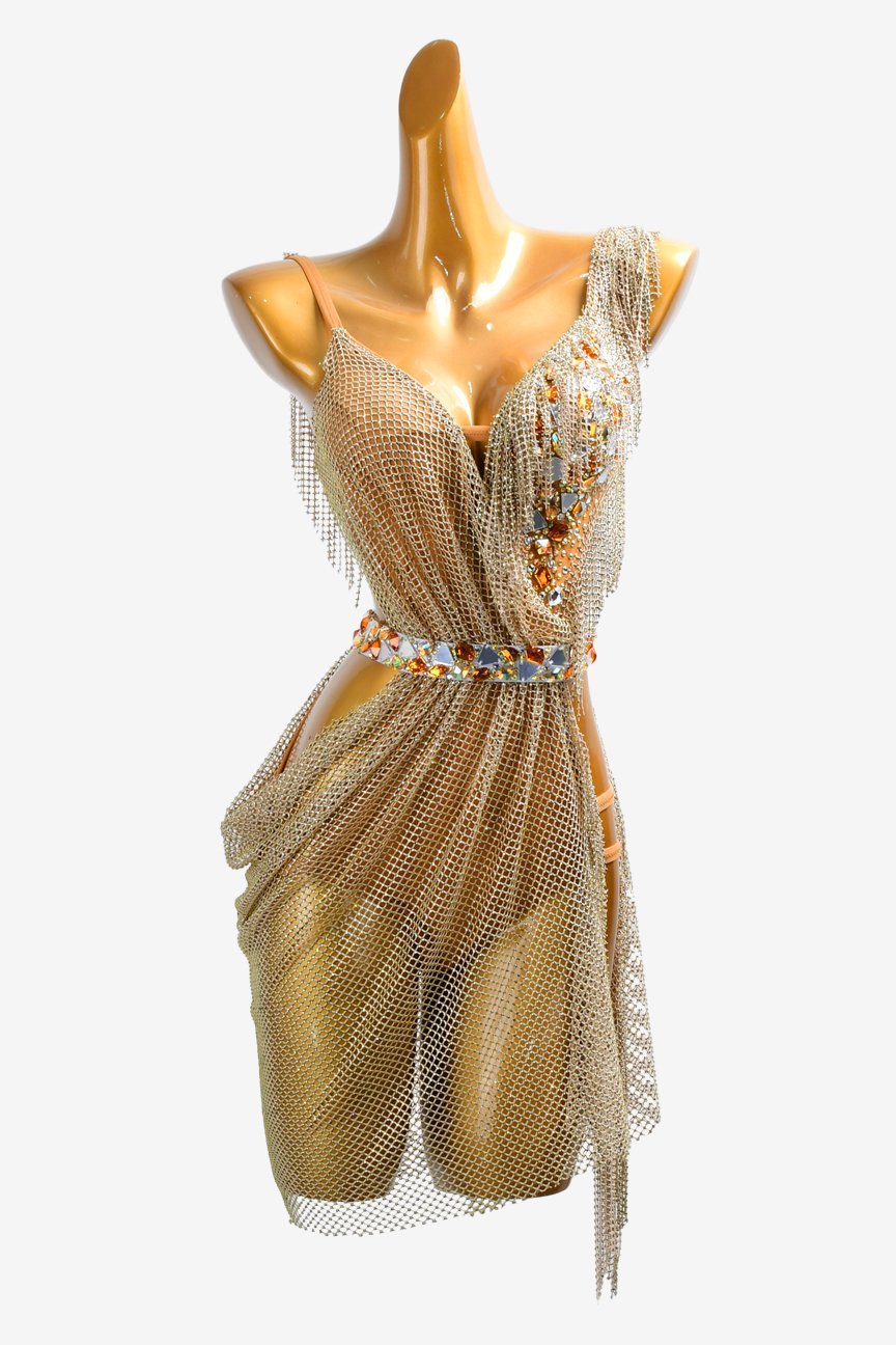 Luxury Gold Chain-Mail Mesh Dress with Jeweled Belt image 0