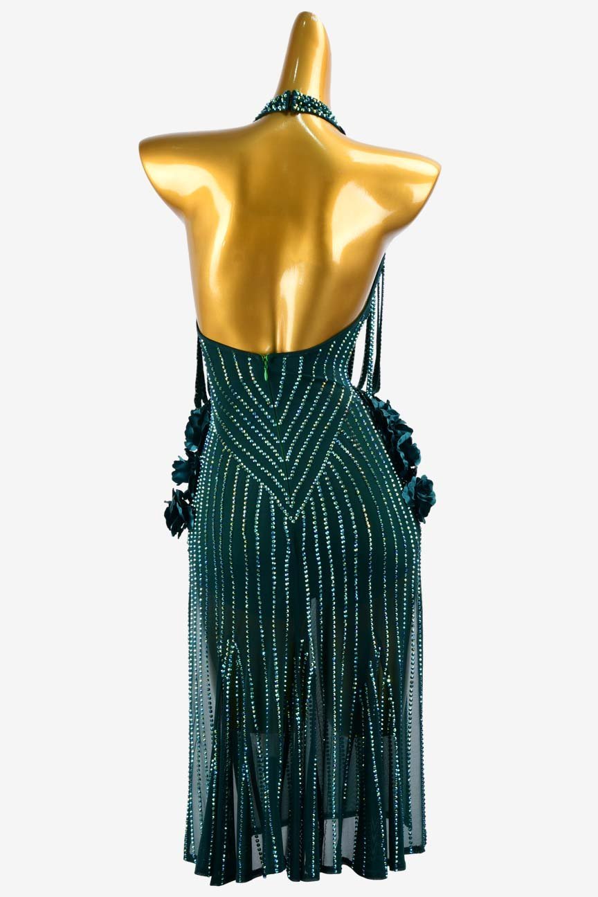 Malachite Green Mesh Latin Dress with Stone Fringes, Flower Appliqué, and Rhinestones image 0