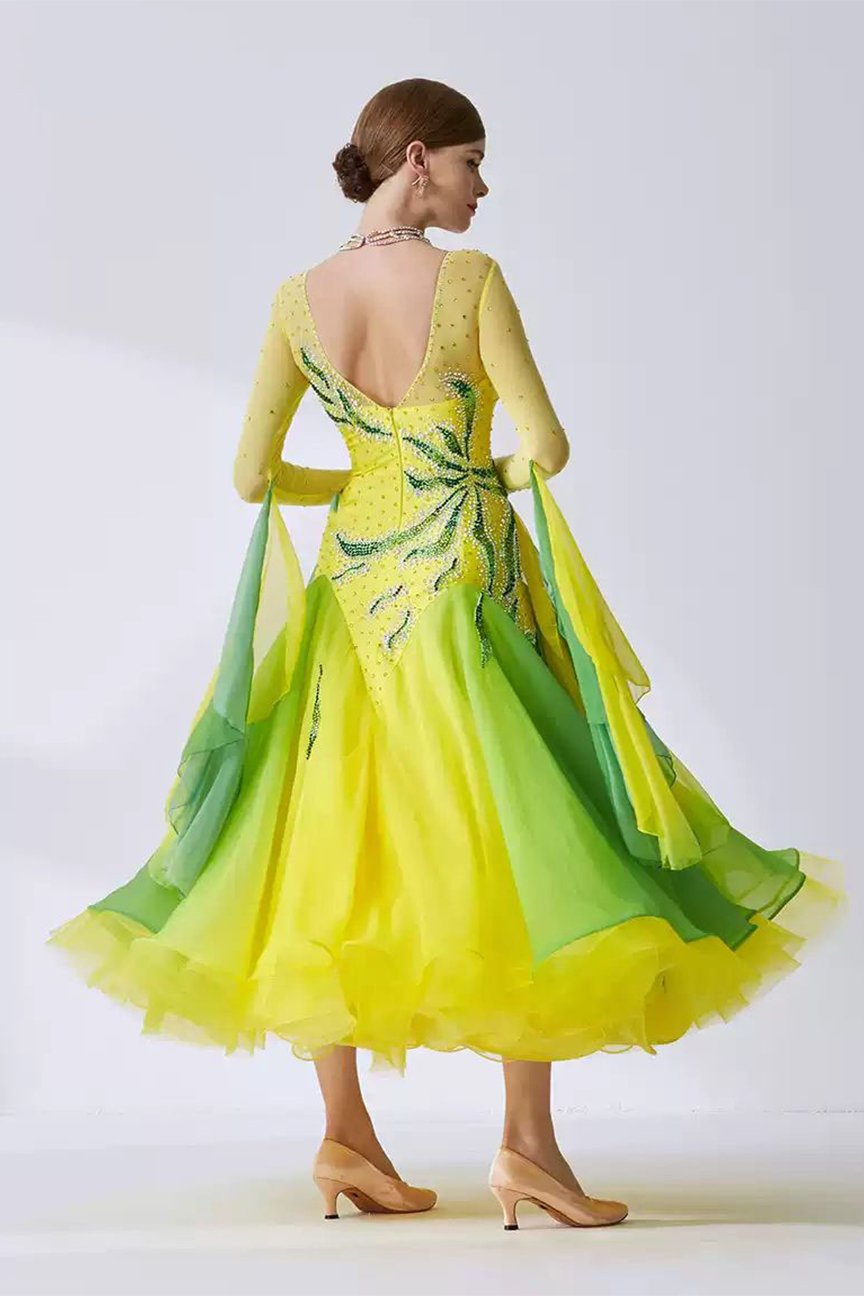 Bailebelle Fashion new national standard modern dance costume big swing dress ballroom dance competition performance Green, yellow image 1