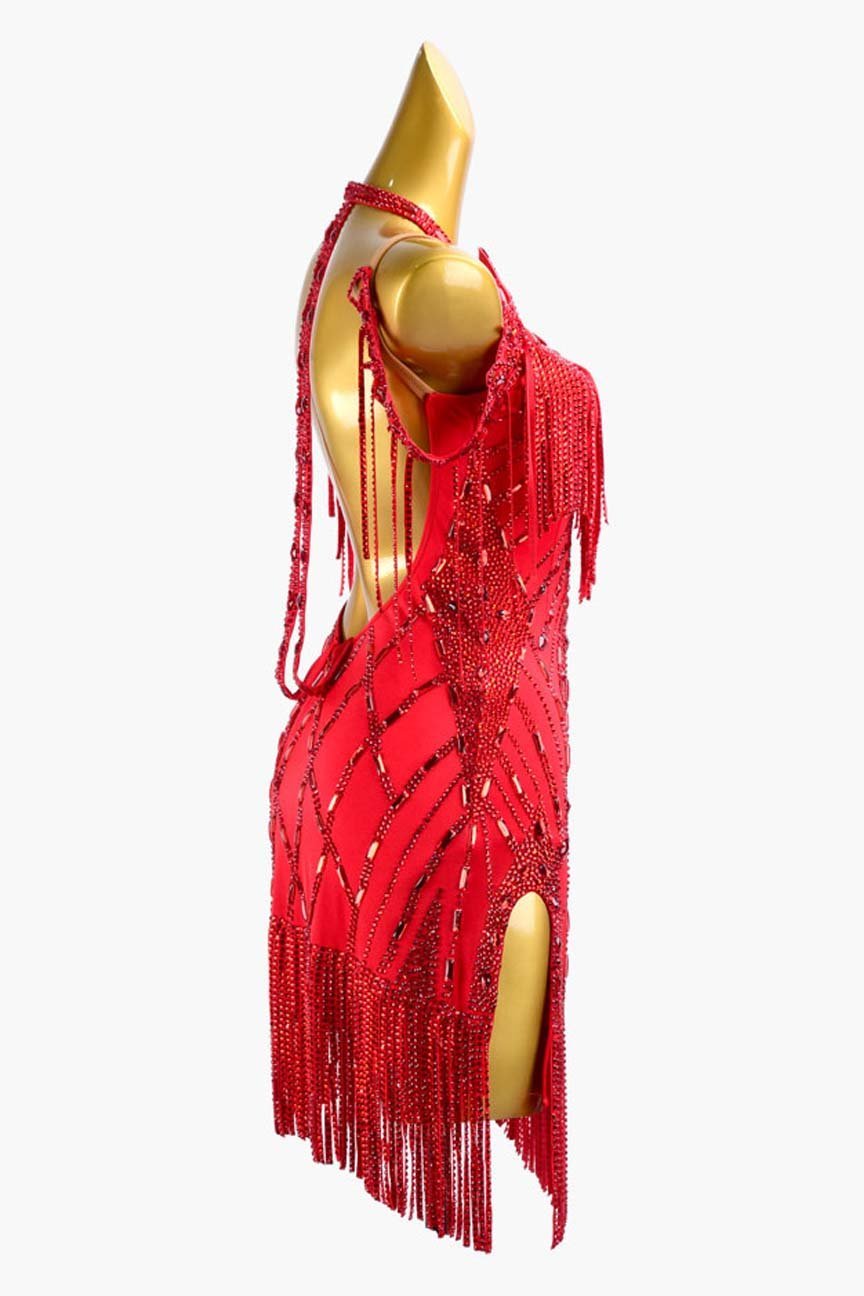 Crimson Matte Lycra Latin Dress with Stone Fringes, Lace Appliqués, Sew-On Stones, and Crystals image 3