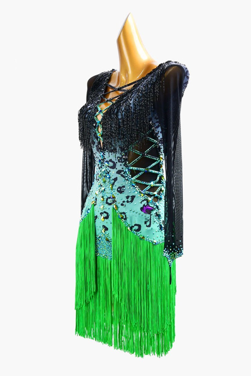 Black shaded mediumaqumaarine Leopard Latin dress with black beaded fringe, AB stones and green fringes image 3