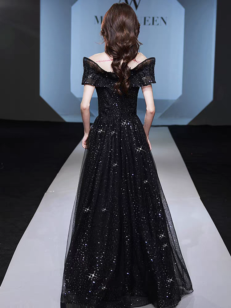 Bailebelle Fashion Luxury Eevning Dresses Boat Neck Sequins Light Champagne Off the Shoulder Mermaid Chapel Train Sleeveless Celebrity Gowns, Gray | Silver, Black image 11
