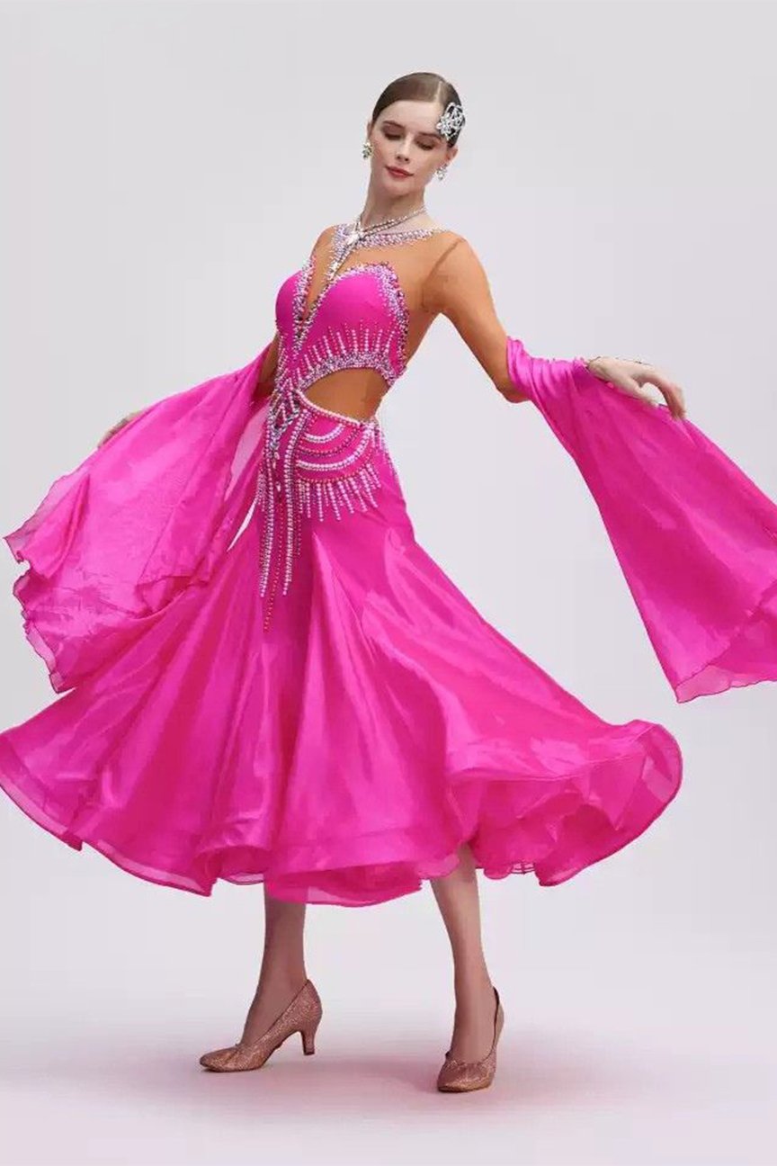 Bailebelle Fashion new national standard modern dance skirt competition costume performance costume ballroom dance dress Pink image 4