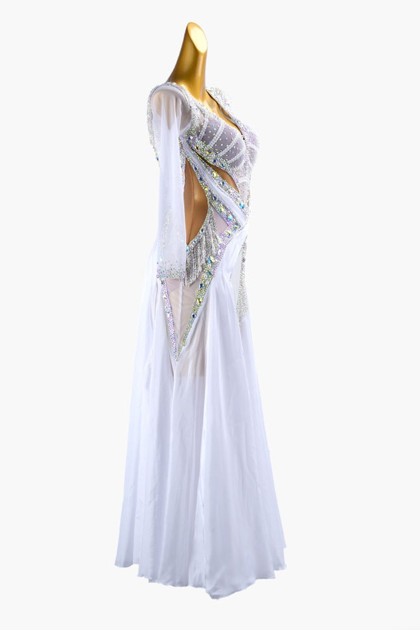 White mesh Standard dress with silver beaded fringes, beadings, AB crystals & sew-on stones image 1