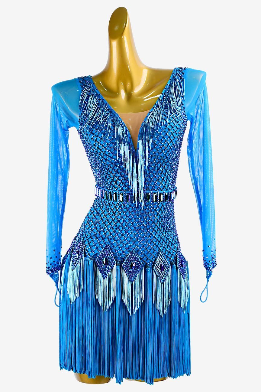 Deep Sky Blue Crystal Fishnet Latin Dress with Mesh Sleeves, Beaded Fringe, and Fringe Underskirts image 0