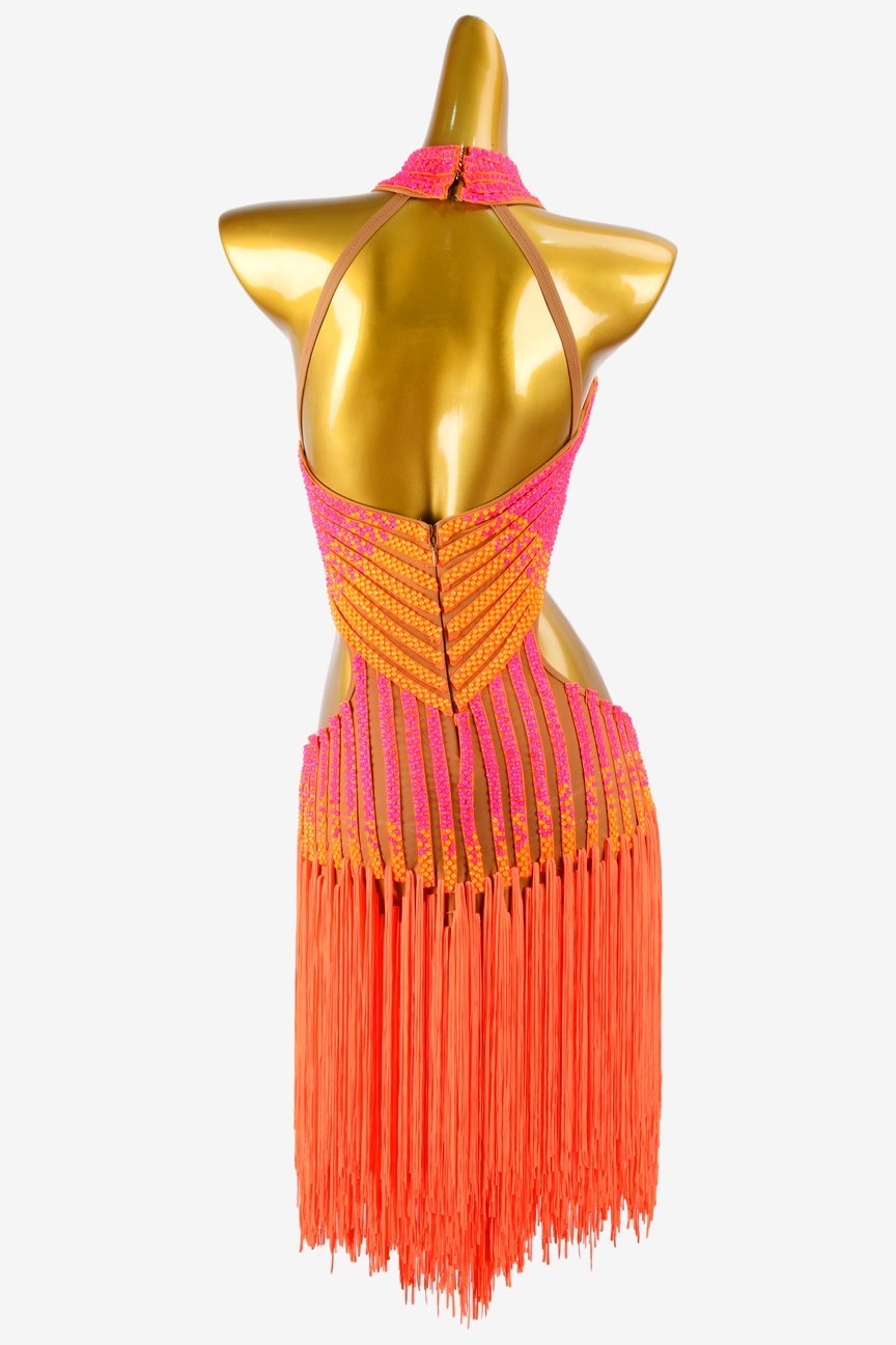 Fleshtone Matte Lycra Latin Dress with Fringes and Fluorescent Orange & Sun Orange Rhinestone Accents image 1