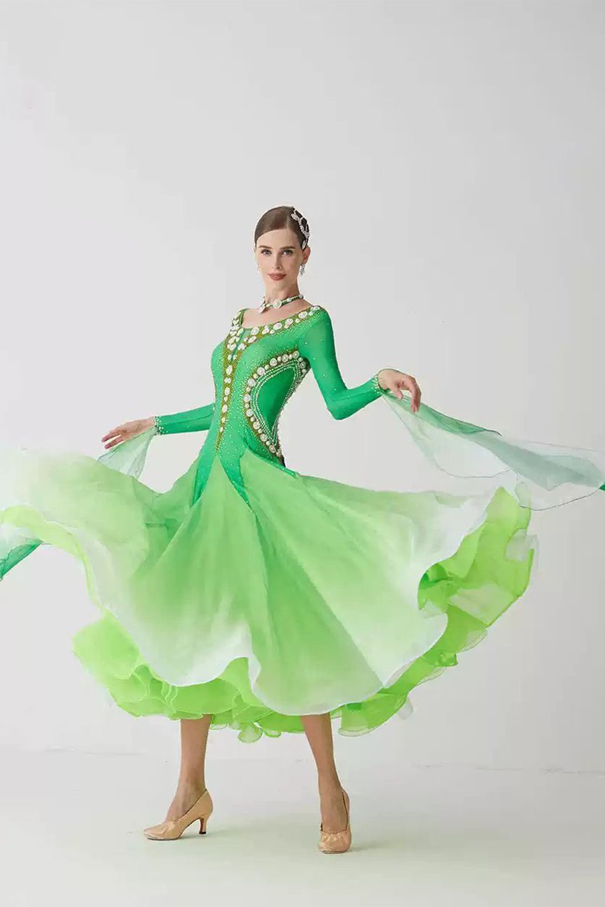 Bailebelle Fashion new national standard modern dance performance competition costume big swing dress ballroom dance skirt Green image 4