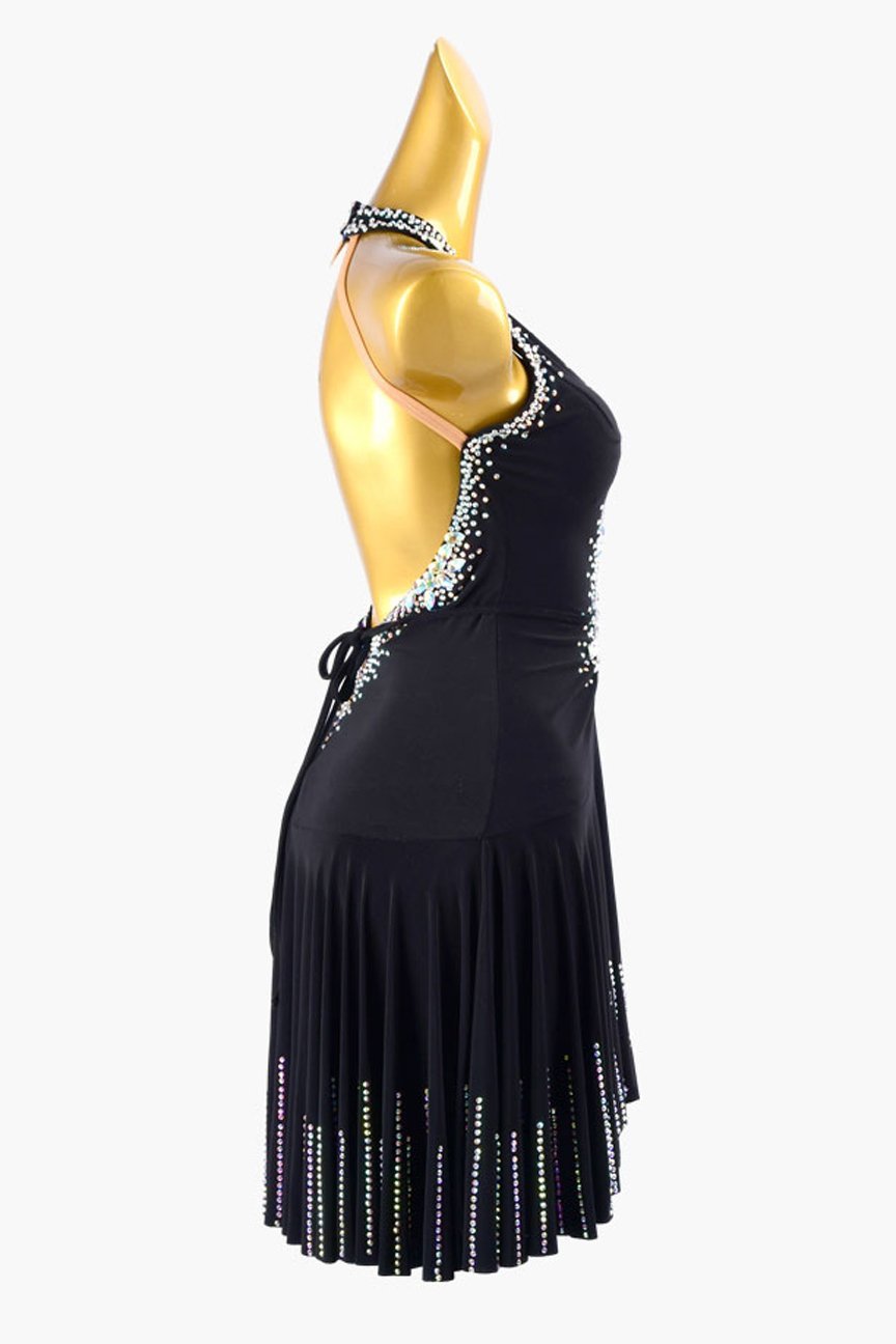 Black stretch crepe draping & ruching Latin dress with AB crystals & sew-on stones image 1