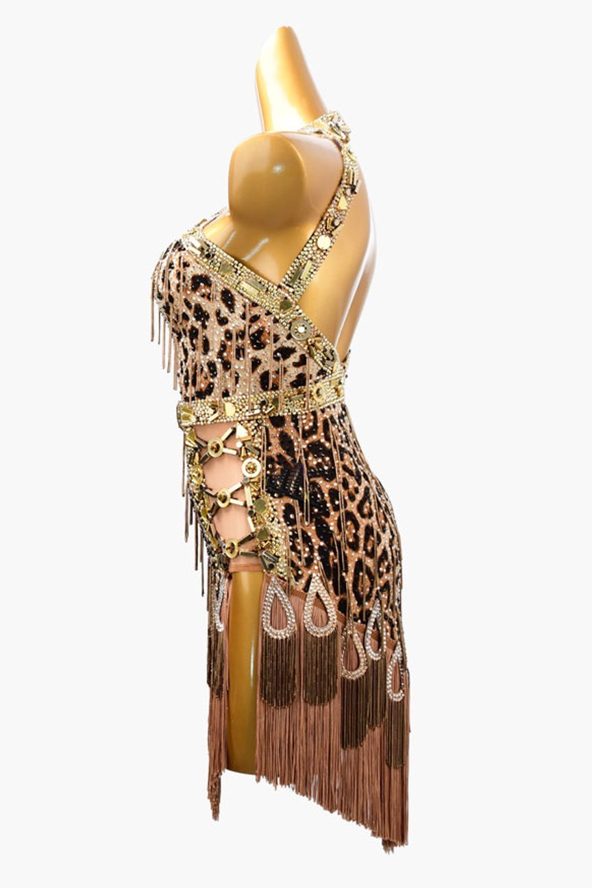 Leopard print lycra rhythm dress with beaded fringes,brown fringegs, gold crystals & rhinestones image 2