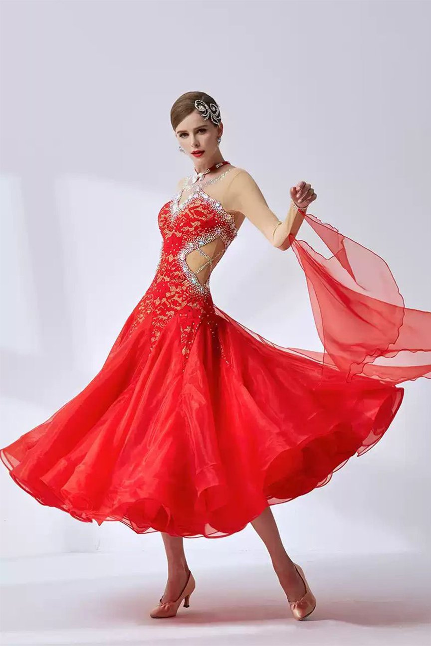 Bailebelle Fashion new national standard modern dance costumes show dress ballroom dance waltz Red image 0