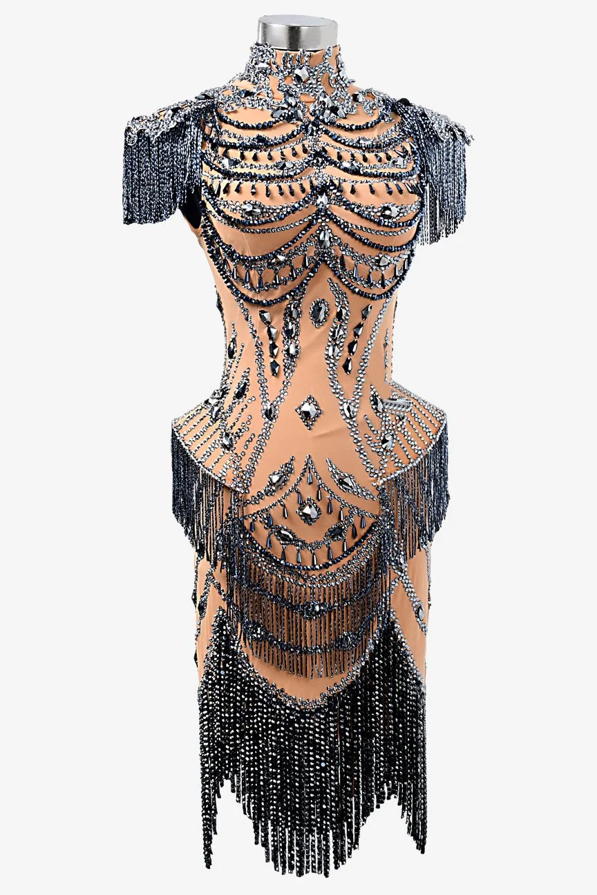 Fleshtone matt lycra Latin dress with lace appliqués, beadings, mineral gray crystals & stone fringes image 0