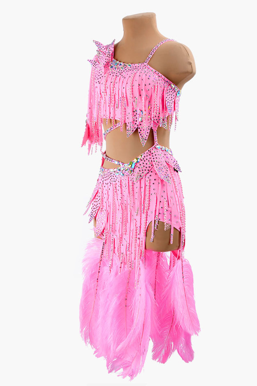 Pink lustre lycra Latin dress with stone fringes, feathers, AB crystals & sew-on stones