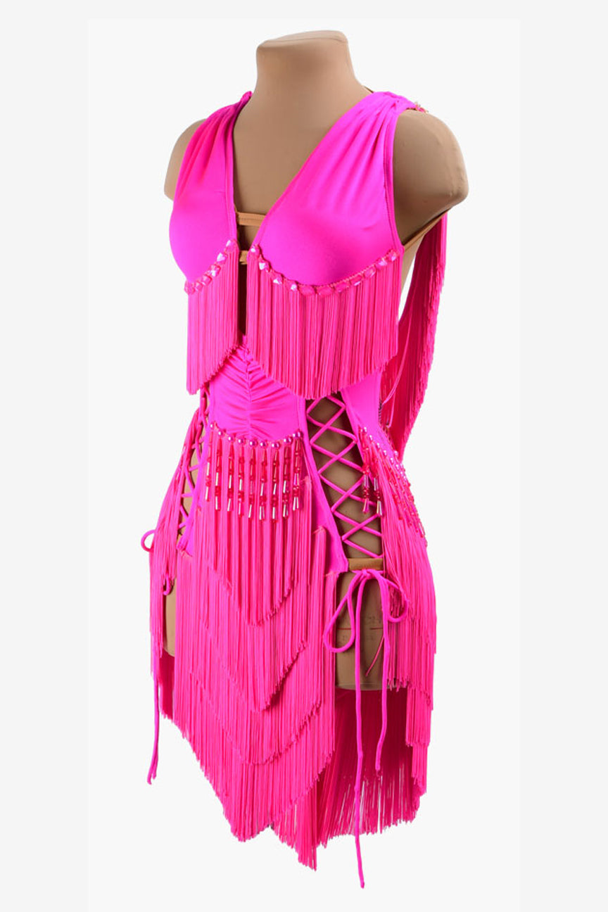 Phosphor powder lycra Latin dress with beadings, fringes, crystals & sew-on stones