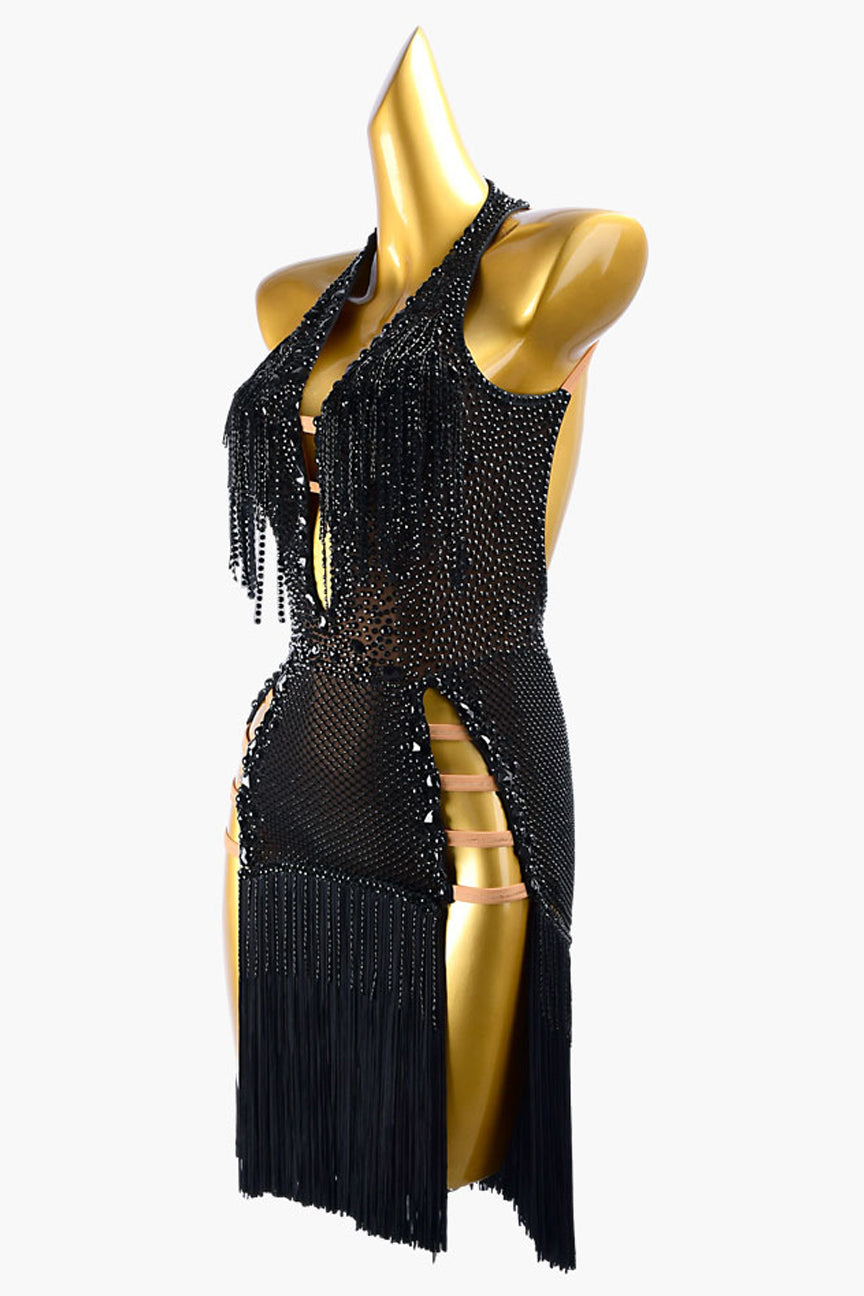 Black mesh Latin dress with crystal fishnet underskirt, beaded fringes, rhinestones & fringes