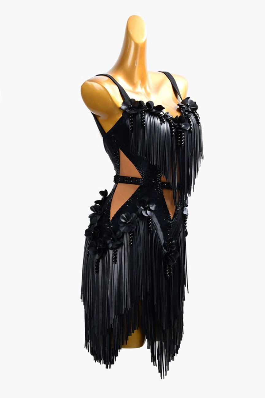 Bailebelle Fashion Black Latin dress with appliqués, rhinestones, PU leather fringes & beadings image 2