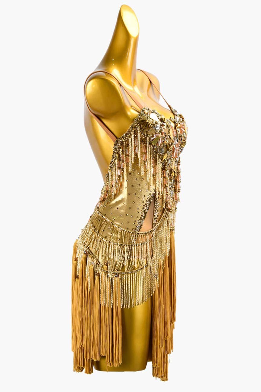 Gold Dot Shine Lycra Latin Dress with Tassels, Mirror Stones, Crystal AB, and Beaded Fringes image 2