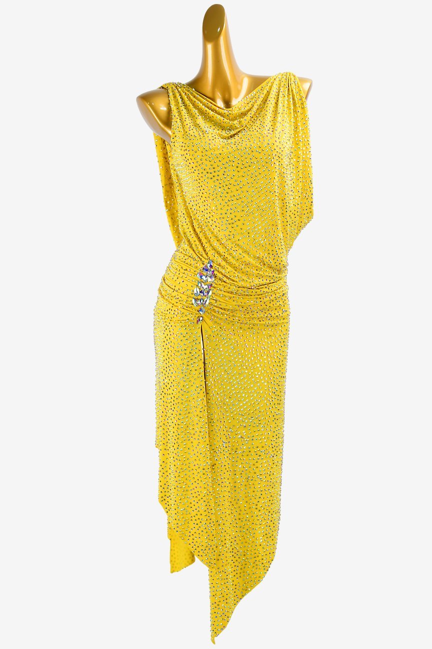 Gold Yellow Lustre Lycra Latin Dress with Full Crystal and White AB Sew-On Stones image 0