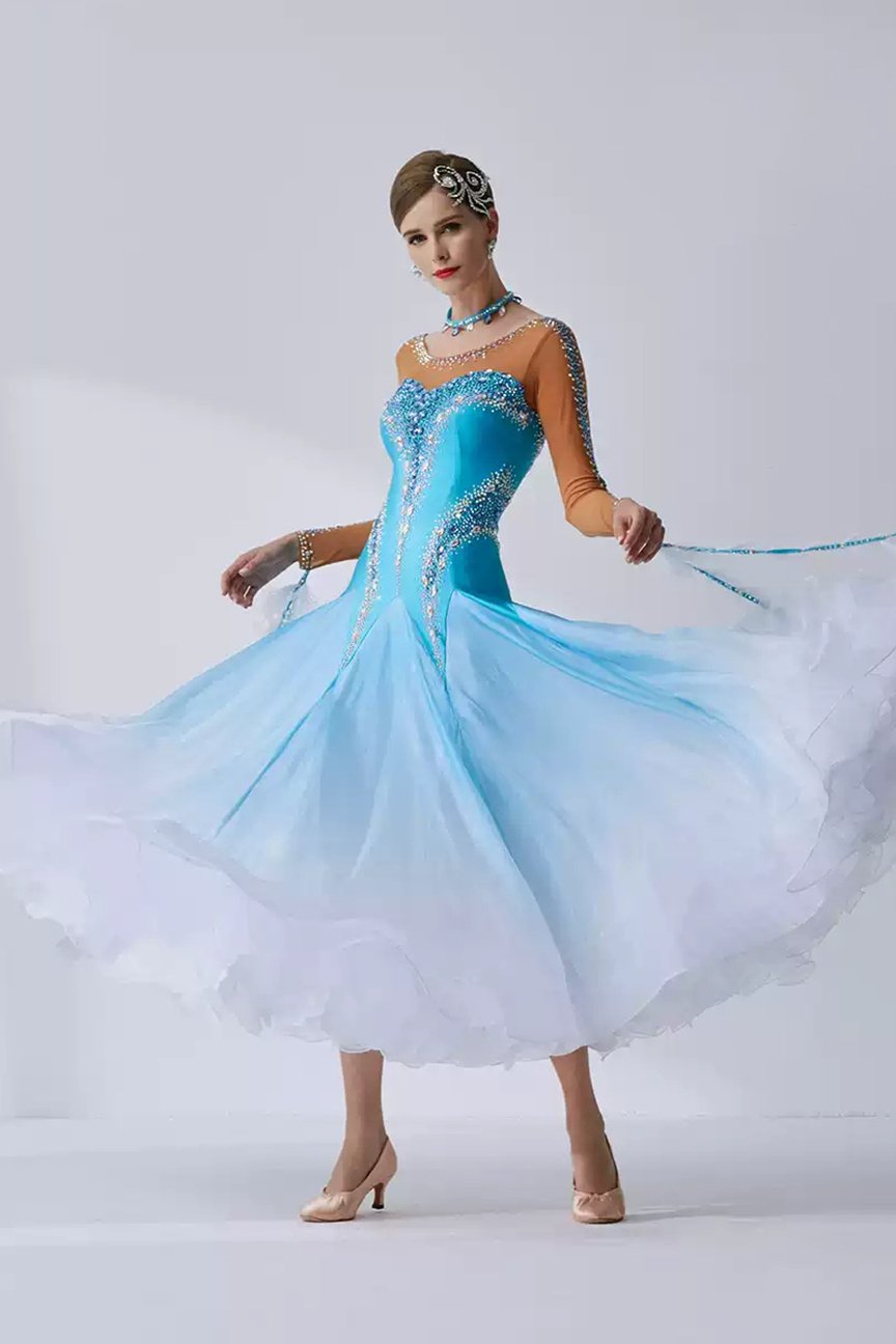 Bailebelle Fashion New national standard modern social dance performance competition costume gradient swing dress Blue image 0