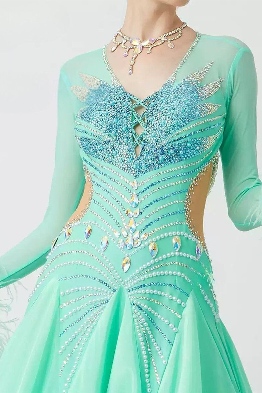 Bailebelle Fashion new ostrich feather floating pearl silk international standard dance modern dance performance uniform Light Green image 4