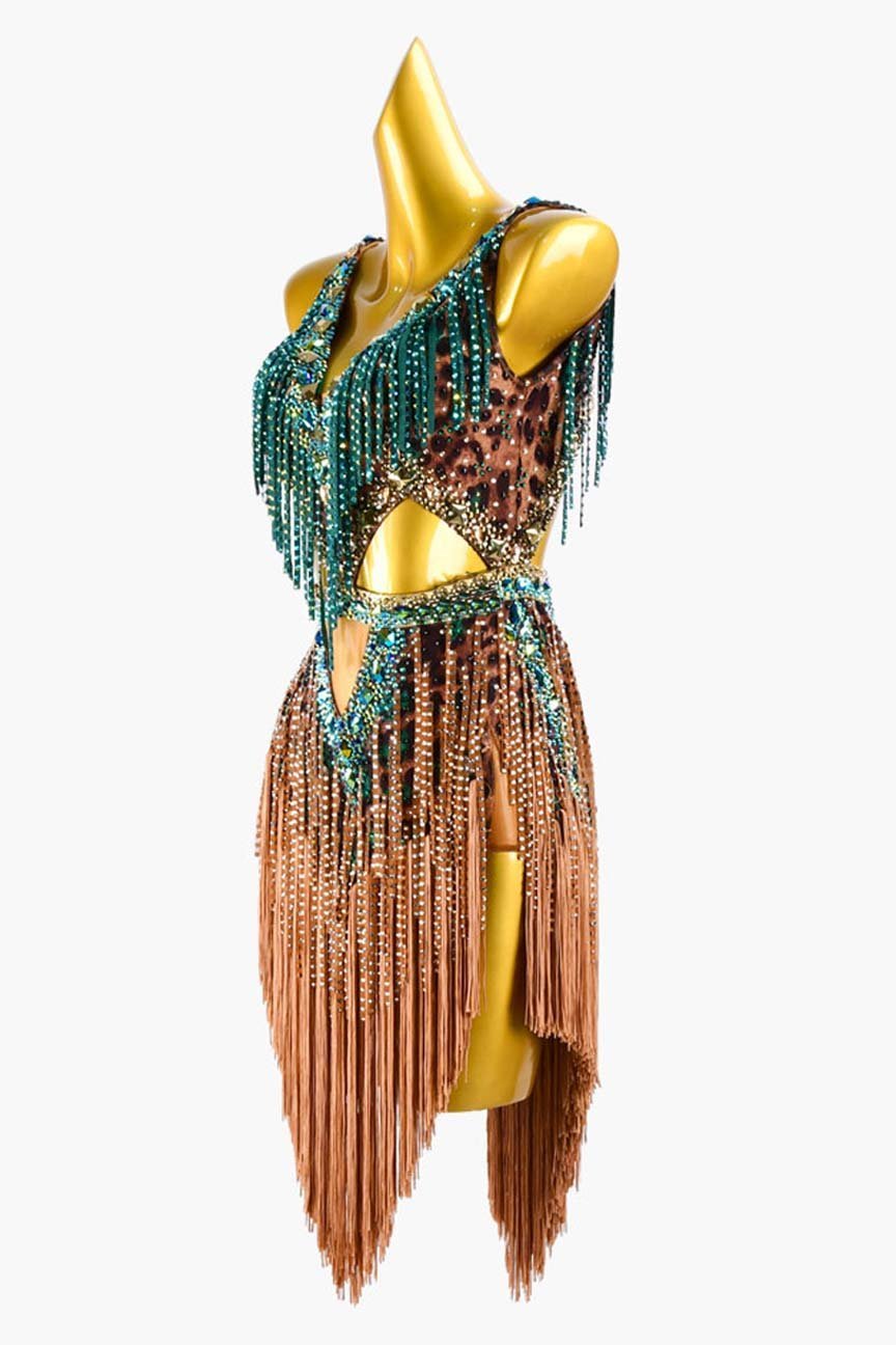 Sienna Leopard Print Backless Latin Dress with Sea Green Stone Fringes, Fringes, and Rhinestones image 2