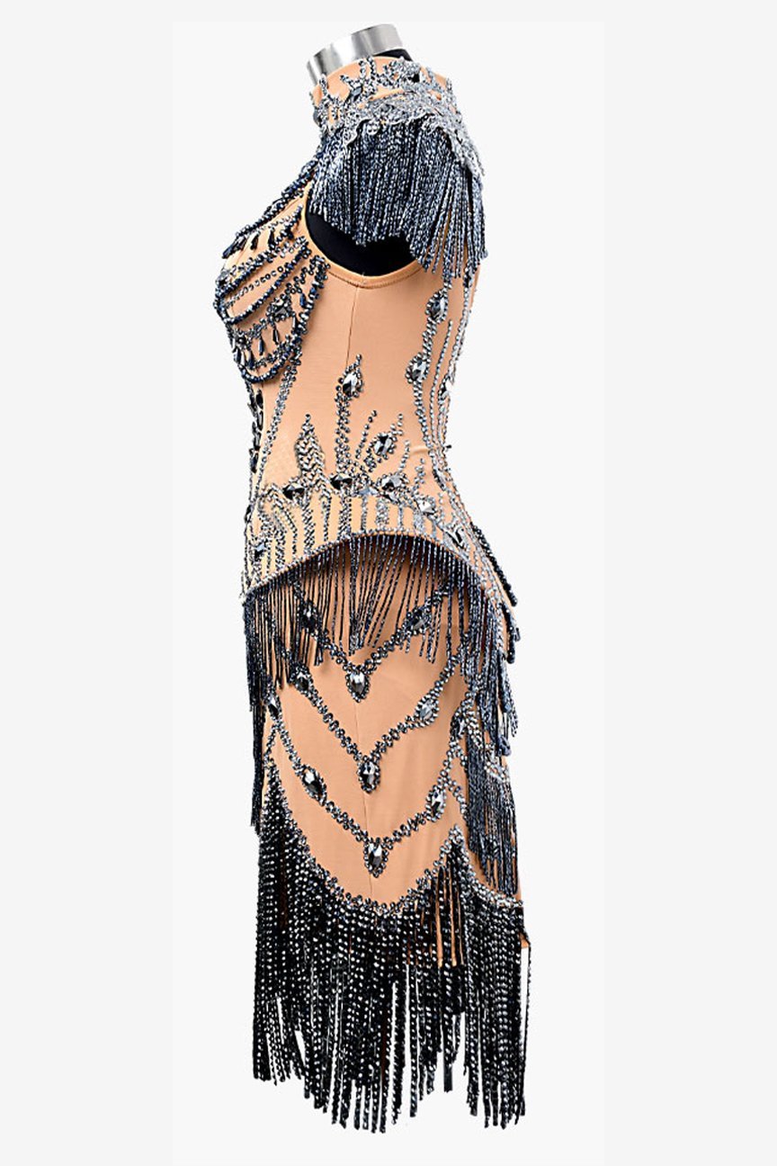 Fleshtone matt lycra Latin dress with lace appliqués, beadings, mineral gray crystals & stone fringes image 2