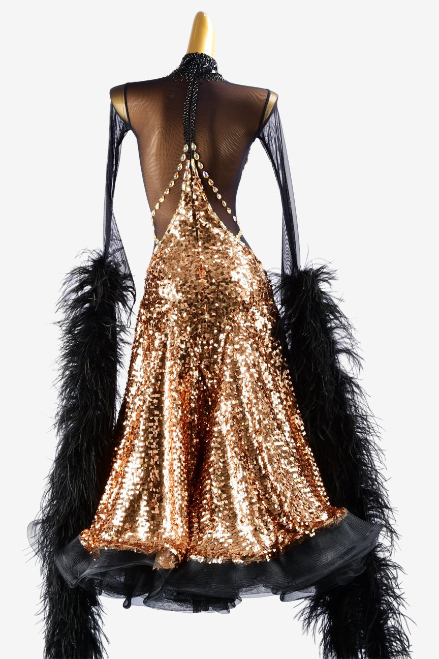 Gold sequins fabric Standard dress with black mesh top, crystals & feather boas image 1