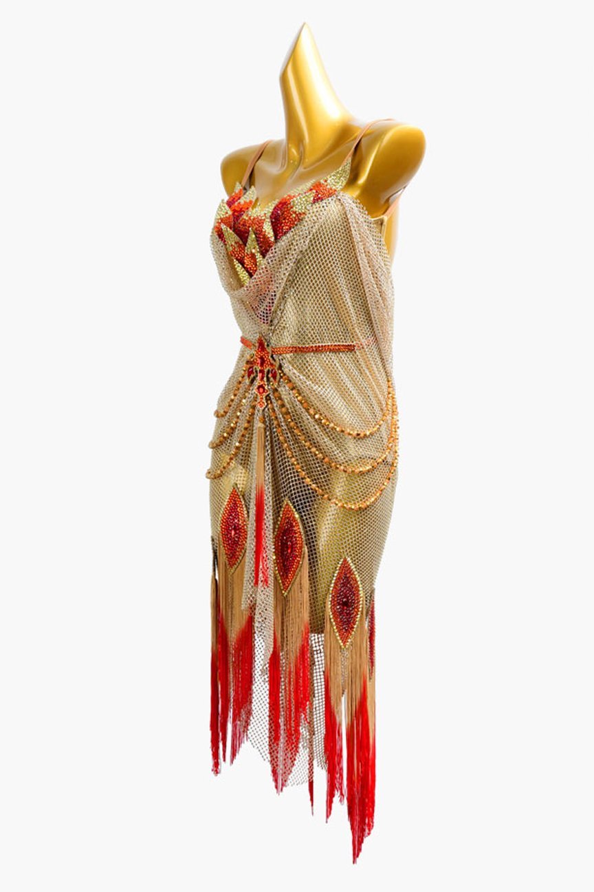 Gold crystal fishnet Latin dress with red & fleshtone fringes, gold beadings and crystals image 3