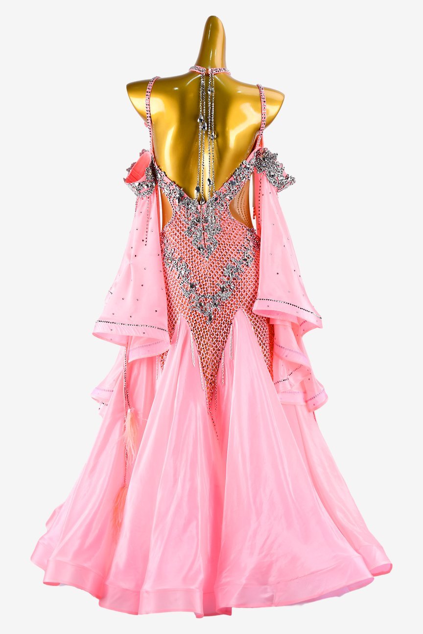 Pink Crystal Fishnet Standard Dress with Stretch Satin Underskirts, Lace, Float, and Rhinestone Beading image 1