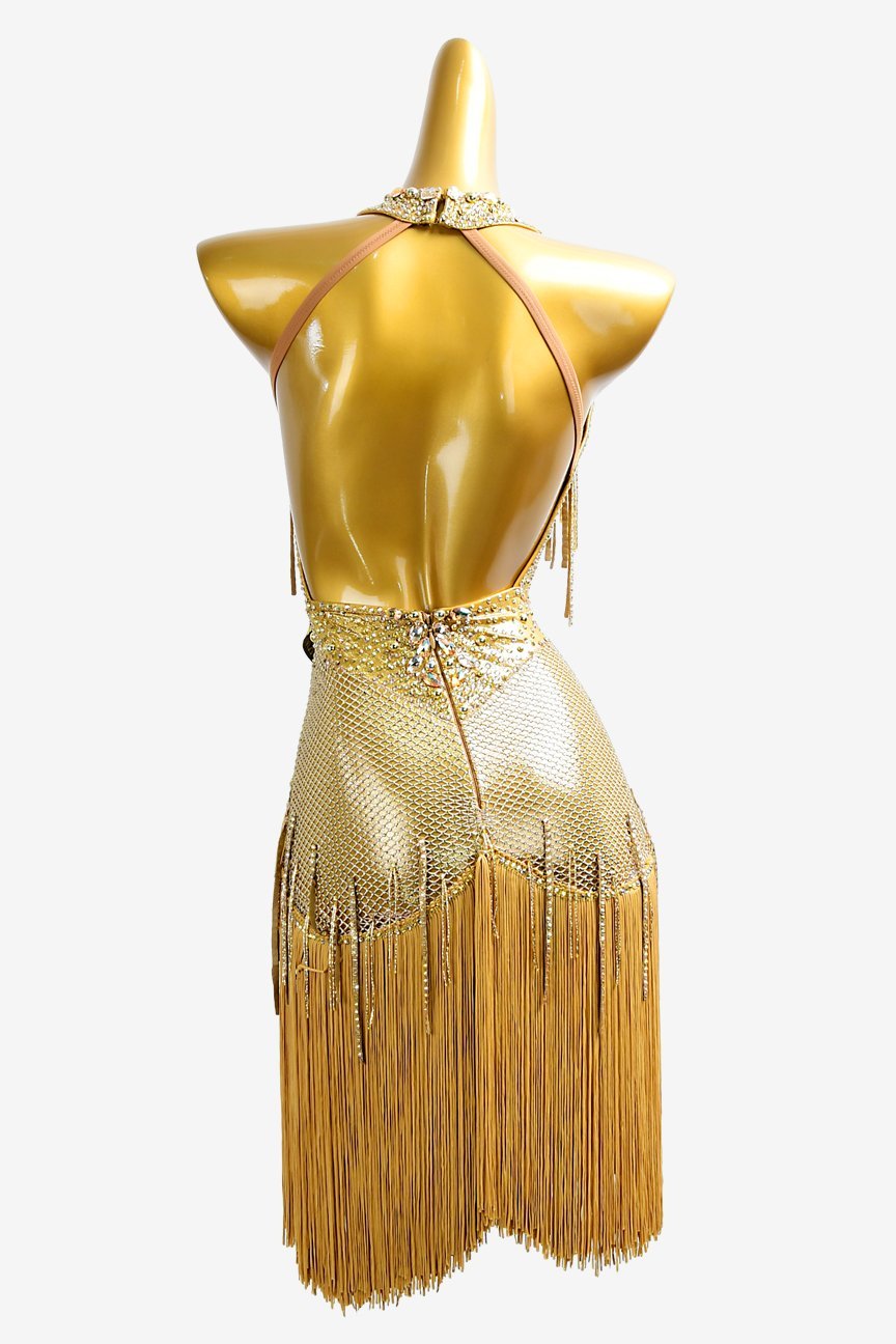 Gold sequin Latin dress with stone fringes, AB stones and fringes image 0