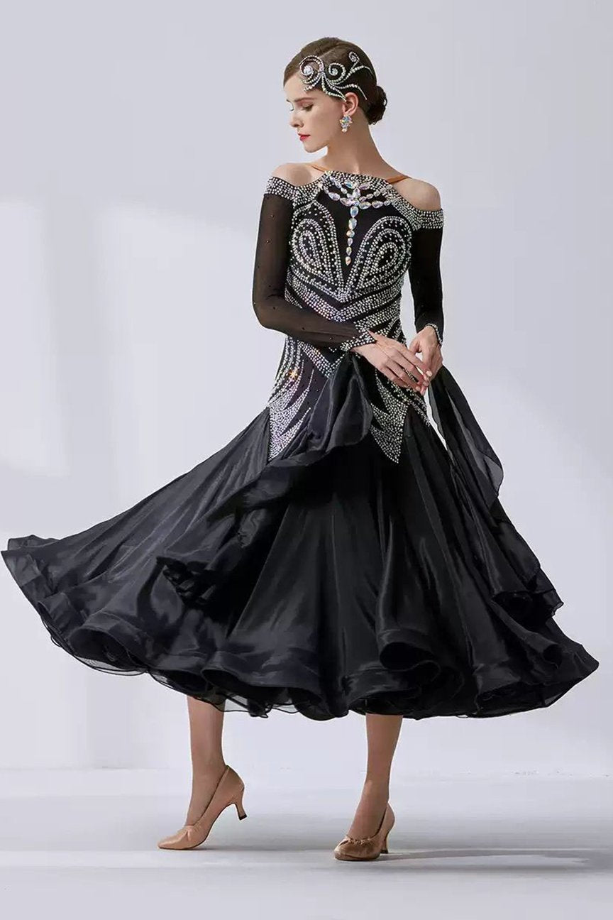 Bailebelle Fashion new national standard modern dance costume big swing dress performance custom diamond sticking Black, Silver image 0