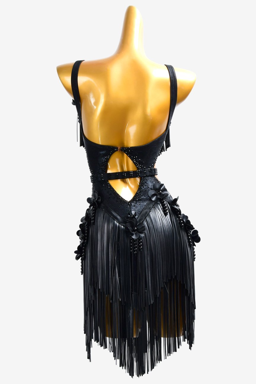 Bailebelle Fashion Black Latin dress with appliqués, rhinestones, PU leather fringes & beadings image 0